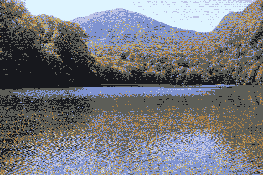 clear lake view, with mountain in background, pixelated