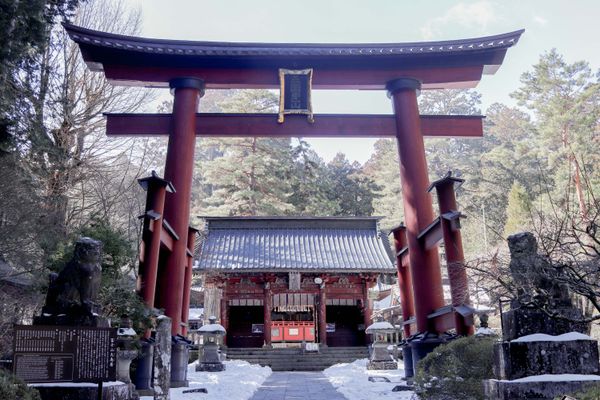 a tori gate that is painted red, with another gate in the background, two statues of lions on either side, thumbnail
