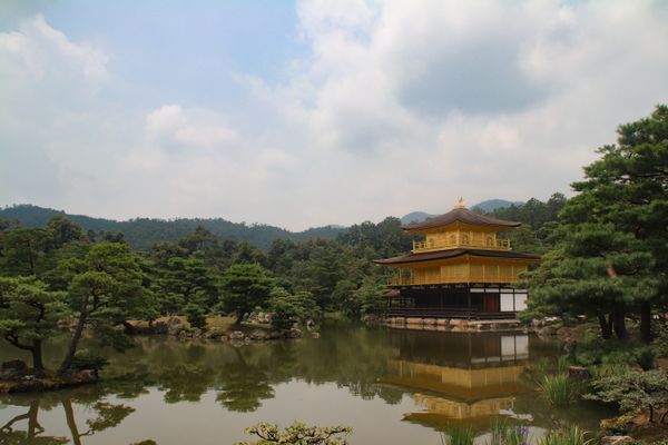 a beautiful scene of the golden temple surrounded by a pond and with tree filled islands, thumbnail