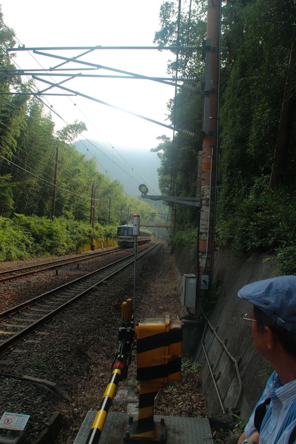 a train passing by as a man in a golf cap looks in its direction, thumbnail