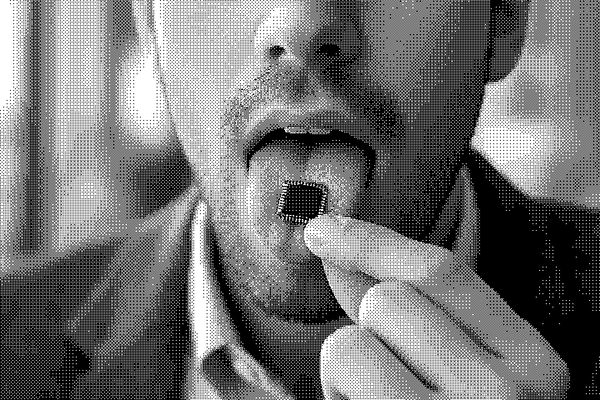 man putting microchip on his tongue. loft pixelated photo thumbnail