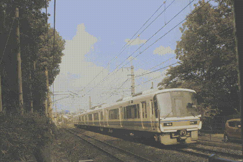 train on tracks, Kyoto, blue sky, through the trees, pixelated